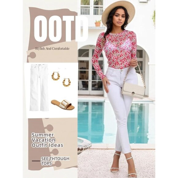 🆕Women Pinky White Floral Mesh Top Crew Neck Long Sleeve Polyester Sexy Tee - Picture 4 of 6
